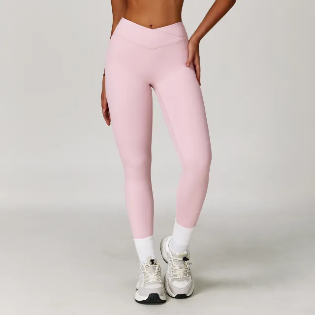 Nude Feel Yoga Pants Cross High Waist Tight Casual Workout Pants Peach Pink - Shop at LoveMi