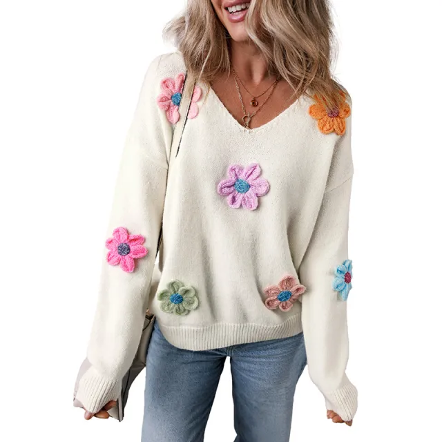 Winter New Flower Crochet V neck Pullover Sweater Women White - Shop at LoveMi