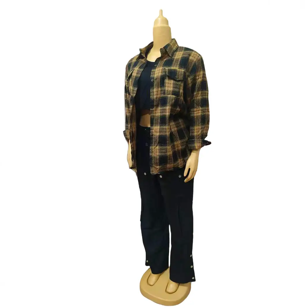 Women's Fashion Casual Simple Plaid Shirt Multi-pocket Cargo Pants Plus Size Three-piece Suit