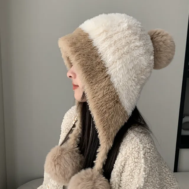 Fleece lined Thickened Knitting Hanging Ball Woolen Cap Warm Ear Protection Knitted Hat Yellow And White - Shop at LoveMi