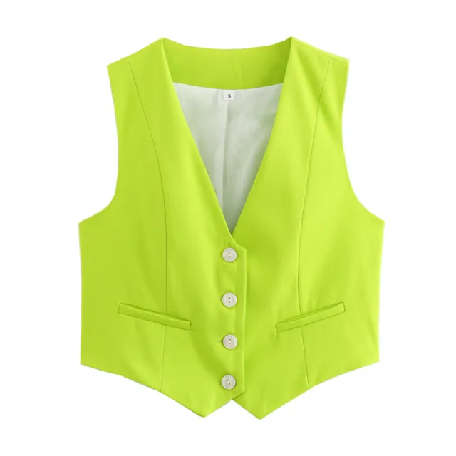 Women's Loose Button Decoration Multi color Versatile Vest Fluorescent Green - Shop at LoveMi