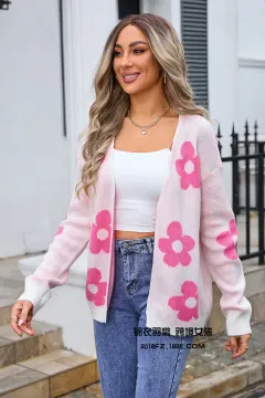 Women's Sweater Plus Size Cardigan Flower Knitted - White - View 1