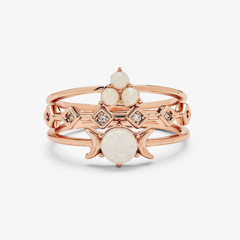 European And American New Fashion Simple Moon Opal Three-piece Set Combined Ring Set Women