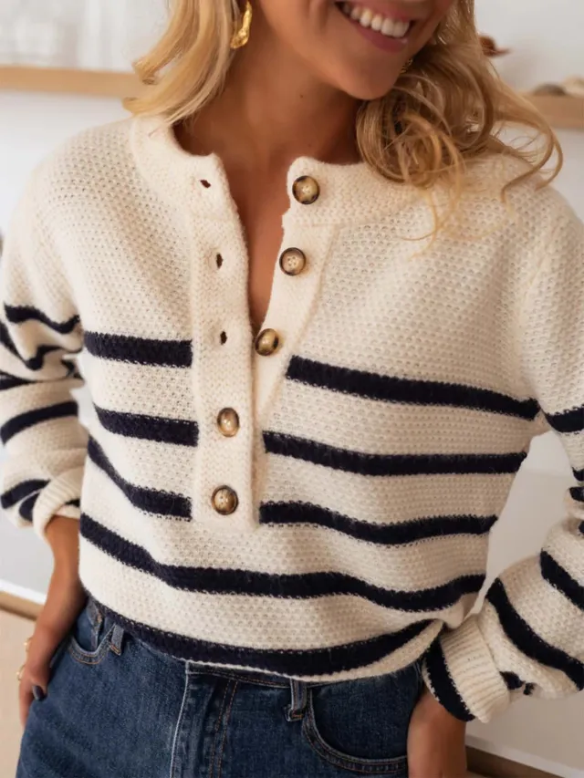 Striped Pullover Top Fashion Cardigan With Buttons Sweater Women Apricot - Shop at LoveMi