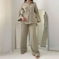 Women's Clothes Autumn Fashion Champray Long Sleeve Shirt High Waist Wide Leg Pants Suit - 1189 Grey Suit - View 1