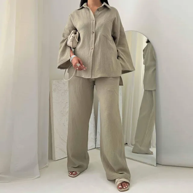 Women's Clothes Autumn Fashion Champray Long Sleeve Shirt High Waist Wide Leg Pants Suit 1189 Gray Suit - Shop at LoveMi