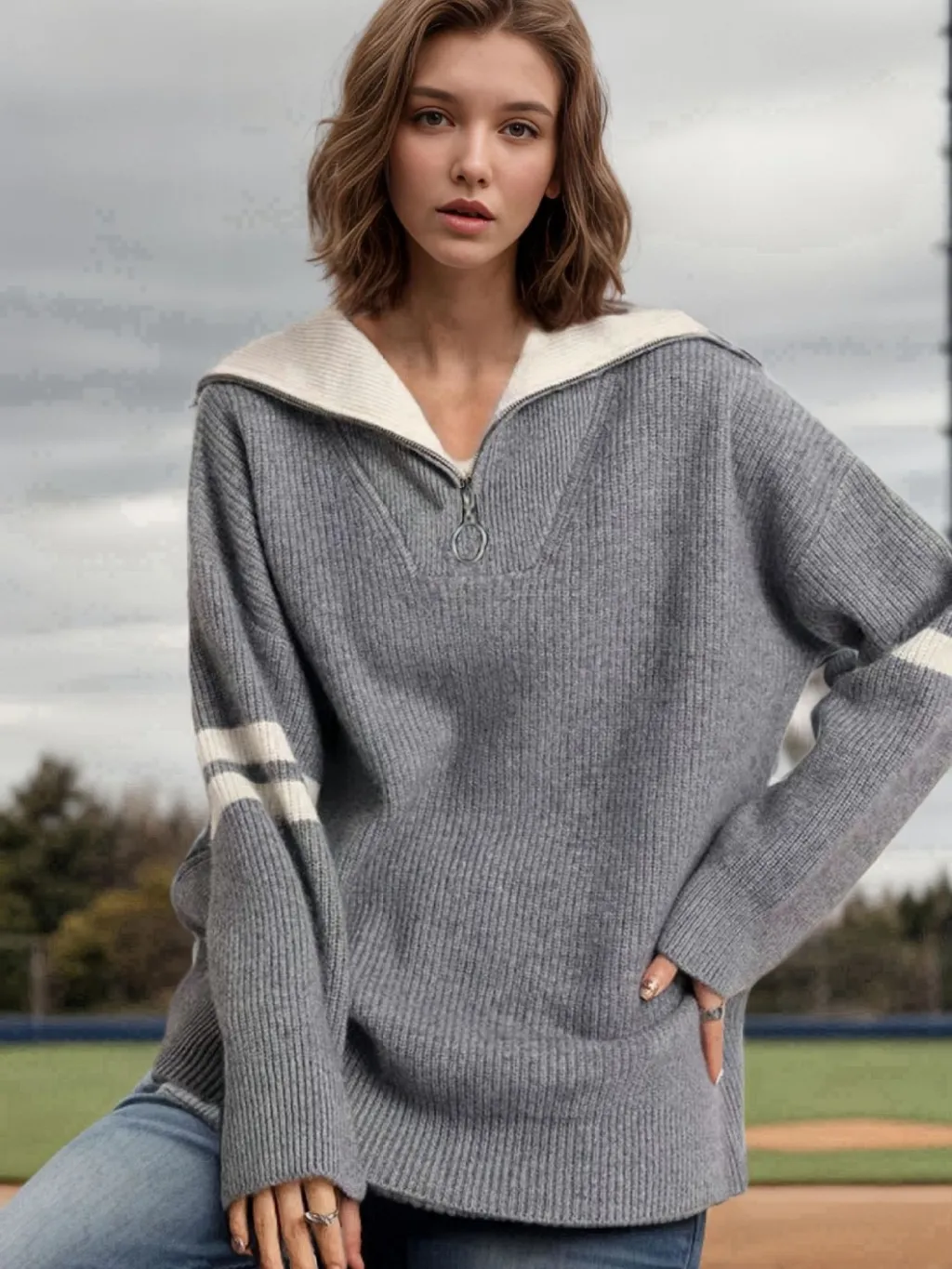 Pullover Loose Sunken Stripe Stand Collar Knitted Contrast Color Zipper Lapel Sweater - Gray