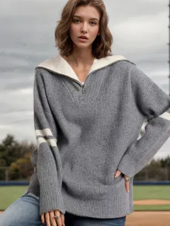 Pullover Loose Sunken Stripe Stand Collar Knitted Contrast Color Zipper Lapel Sweater - Gray - View 1