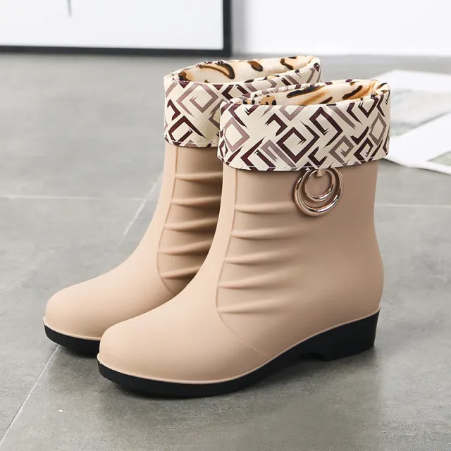 Women's Middle Tube Non slip Warm With Velvet Rain Boots Beige - Shop at LoveMi