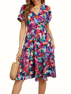 Floral 3D Digital Print Women's Pleated Dress - Dd25016 - View 1