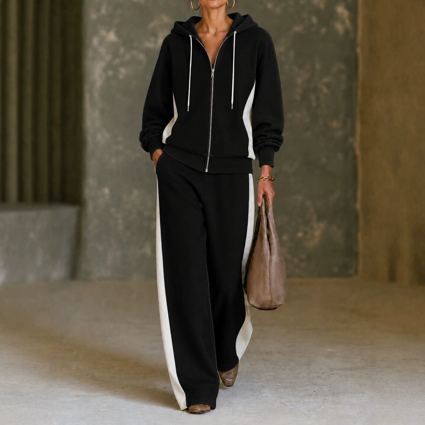 Ensemble sweat-shirt color-block et pantalon large pour femme
