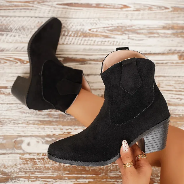 Women's Autumnwinter Ankle Boots With Chunky Heels And Pointed Toes Black - Shop at LoveMi
