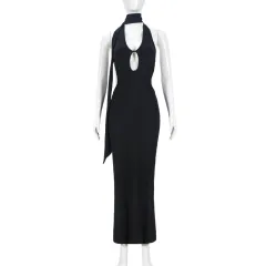 Wrapped Chest Hollow Out Neck Sexy Hollow-out Backless Slimming Length Dress - Black - View 1