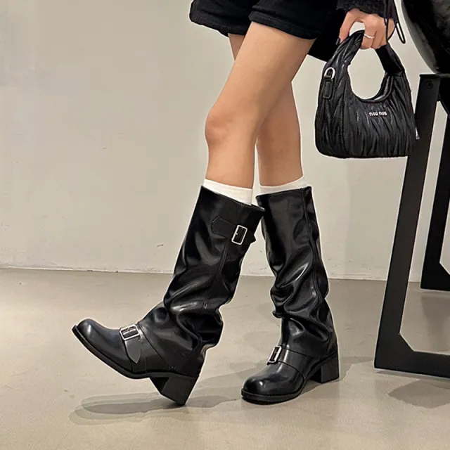 Below The Knee Long Boots Female Chunky Heel Round Head Black - Shop at LoveMi