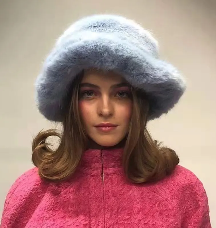Plush Hat Fur Big Round Hat Winter - Light Blue