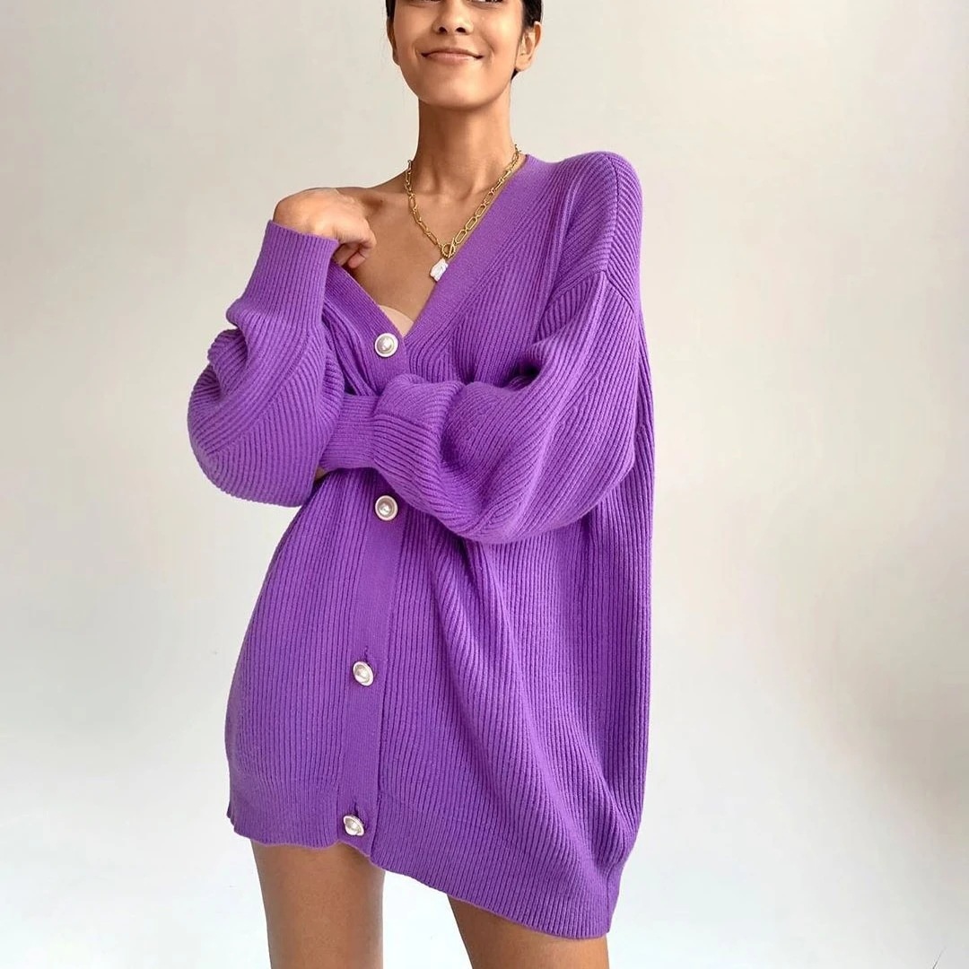 Solid Color Casual Cardigan - Loose Knitted Cardigan - Picture 10 of 12