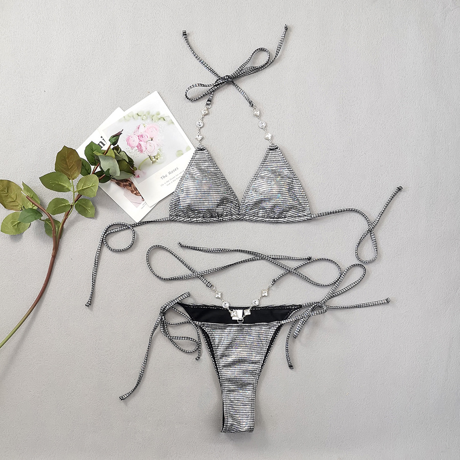 Silver Glossy Bikini Diamond Chain Swimsuit