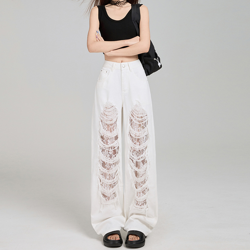 Women's Off-White Ripped Lace High-Waist Loose Denim Jeans