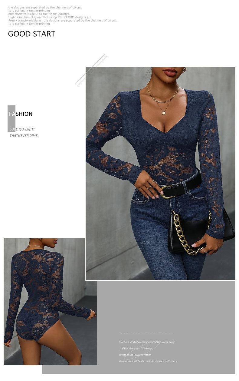 Women’s Lace Long Sleeve Bodysuit – Deep V Neck Solid Top