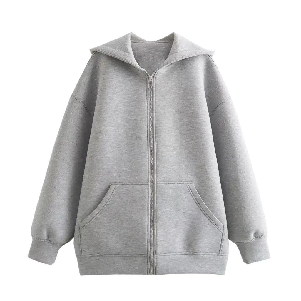 Idle Style Casual Zipper Gray Air Cotton Sweater For Women - Grey