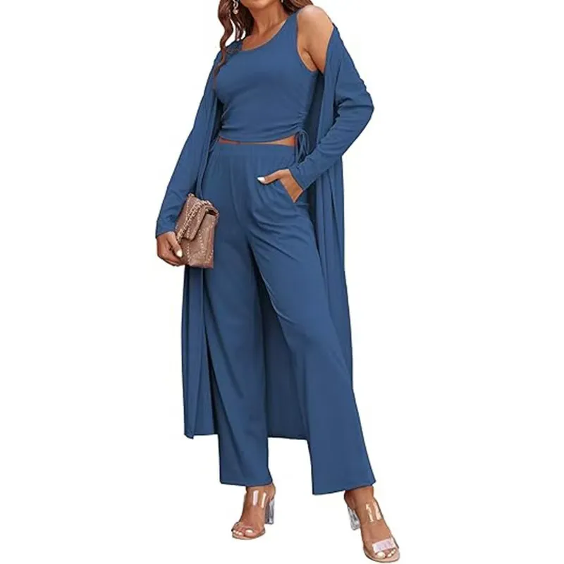 Women's 3-piece Casual Cardigan Vest Long-sleeve Suit - Navy Blue