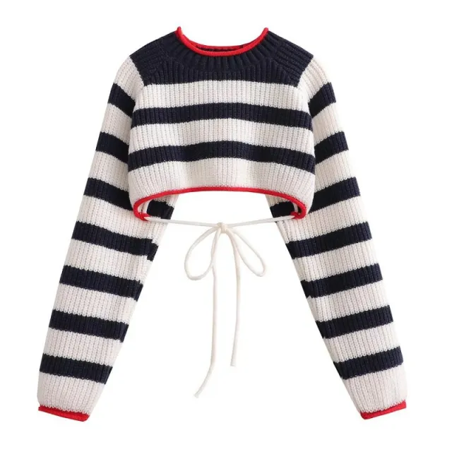 European And American Short Backless Striped Lace up Knitted Top - Shop at LoveMi