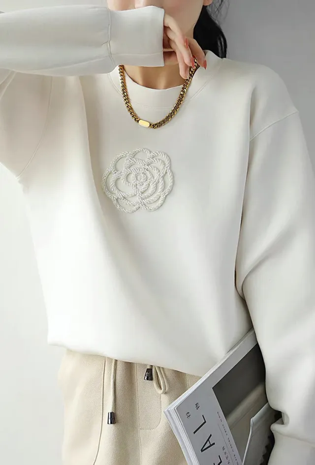 White Machine Embroidery Beaded Camellia Round Neck Loose All match Air Layer Sweater White - Shop at LoveMi