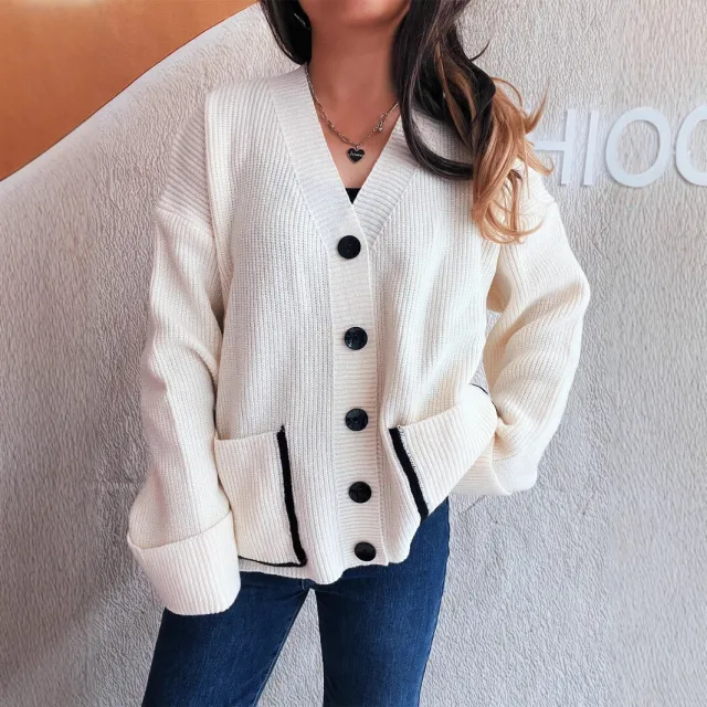 Casual Loose V neck Solid Color Pocket Street Style Cardigan Sweater White - Shop at LoveMi