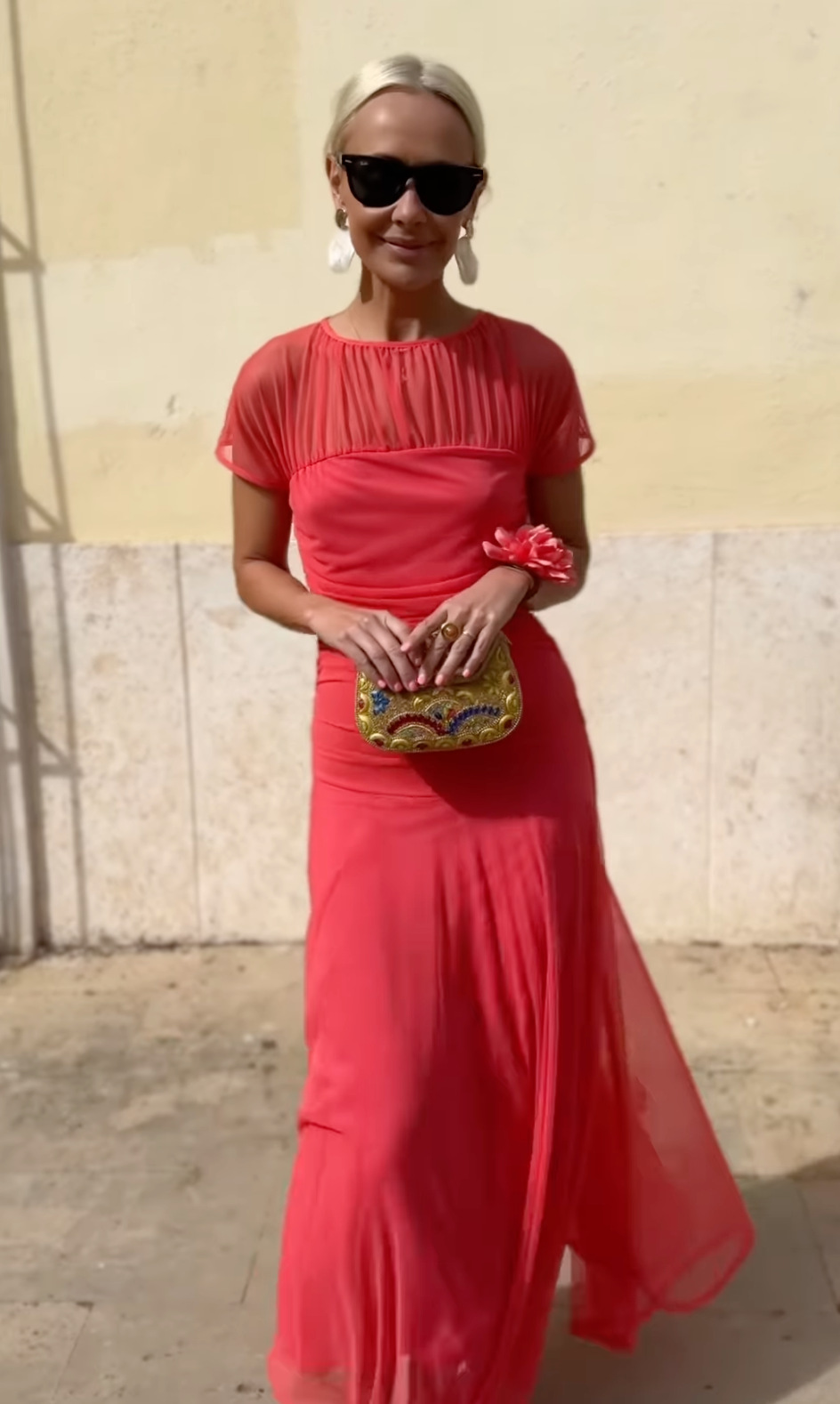 Mesh Round Neck Short Sleeve See through Large Swing Hip Pleated Dress Red - Shop at LoveMi