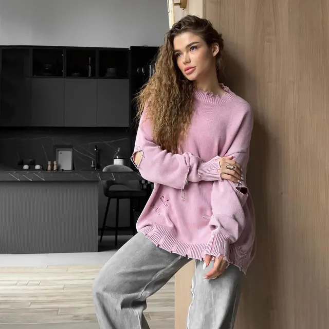 Oversize Idle Style Trendy Fashion Knitwear Autumn And Winter Leisure Ripped Sweater For Women Pink - Shop at LoveMi