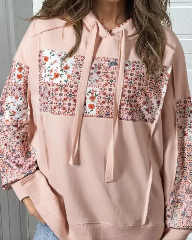 Pullover Hoodie With Drawstrings Top Casual Printed Loose Sweatshirt Pink - Shop at LoveMi