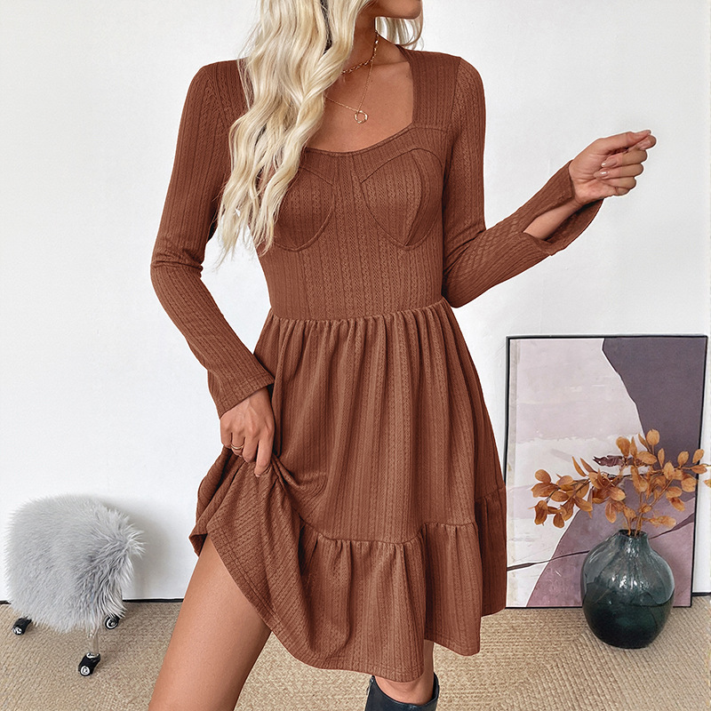 Trimming Knitted Solid Color Square Collar A Line Dress Coffee Brown - Shop at LoveMi