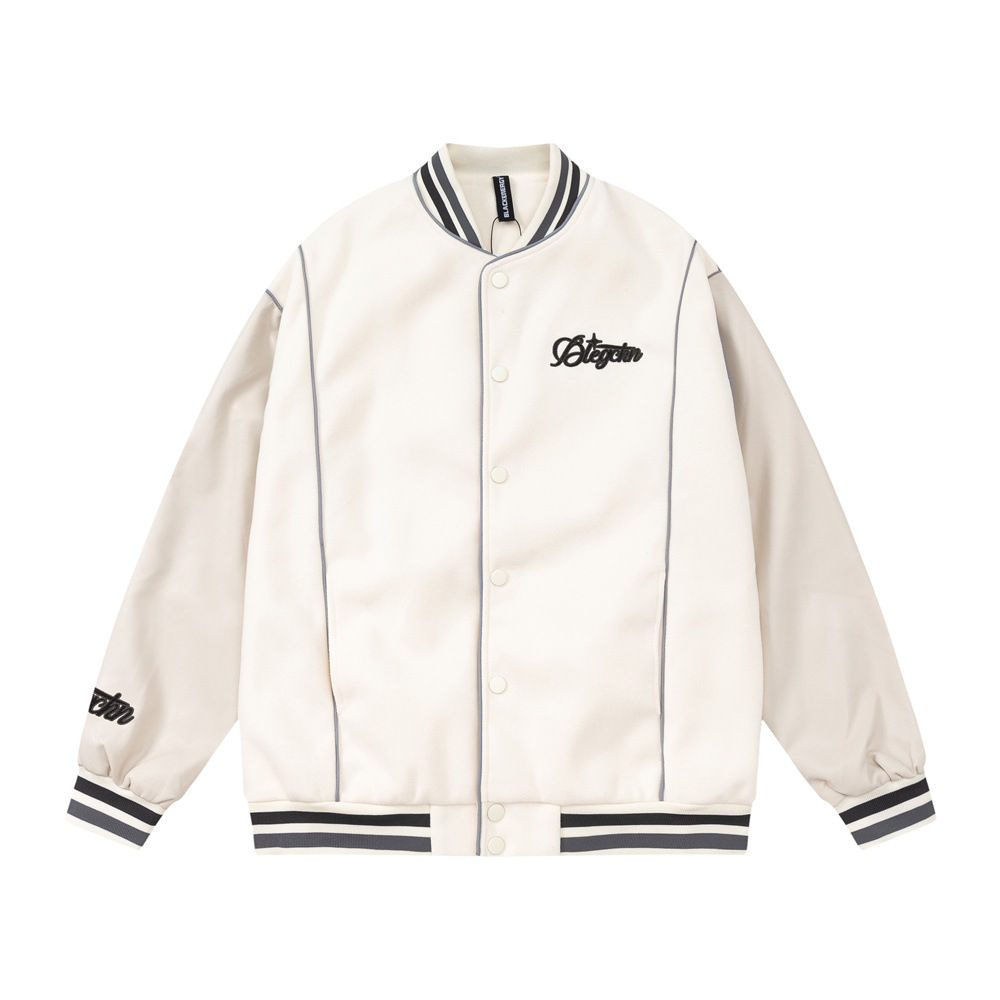 Towel Embroidered Rugby Pattern Leather Sleeve Stitching Jacket Coat