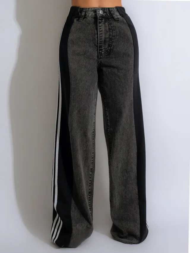 Fashion Casual High Waist Elastic Straight Leg Trousers Three Stripe Patchwork Denim Wide Leg Pants Streetwear Black Black - Shop at LoveMi