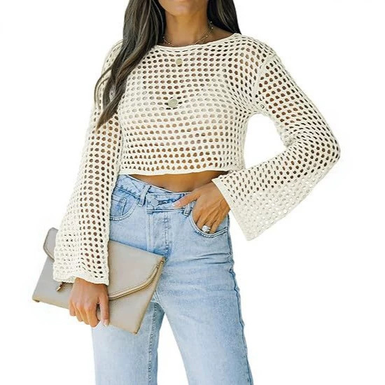 Long-sleeve Loose-fit Round-neck Hollow-out Sweater For Export
