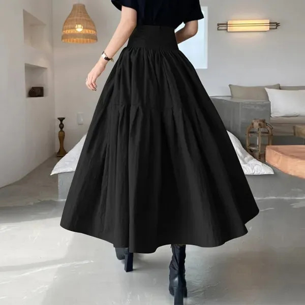 Women's Elastic Waist Fashion Pleated Loose Dress - Black