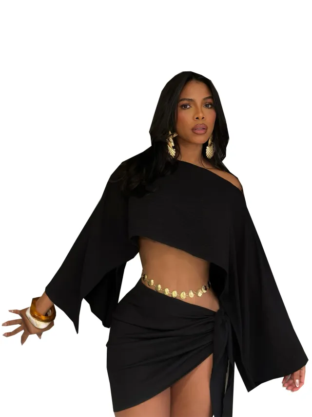 Off shoulder Top And Tie front Bodycon Skirt Set Black - Shop at LoveMi