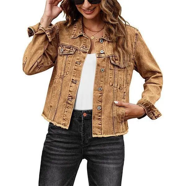 Female Solid Color Casual Embossed Denim Jacket Button Top Brown - Shop at LoveMi