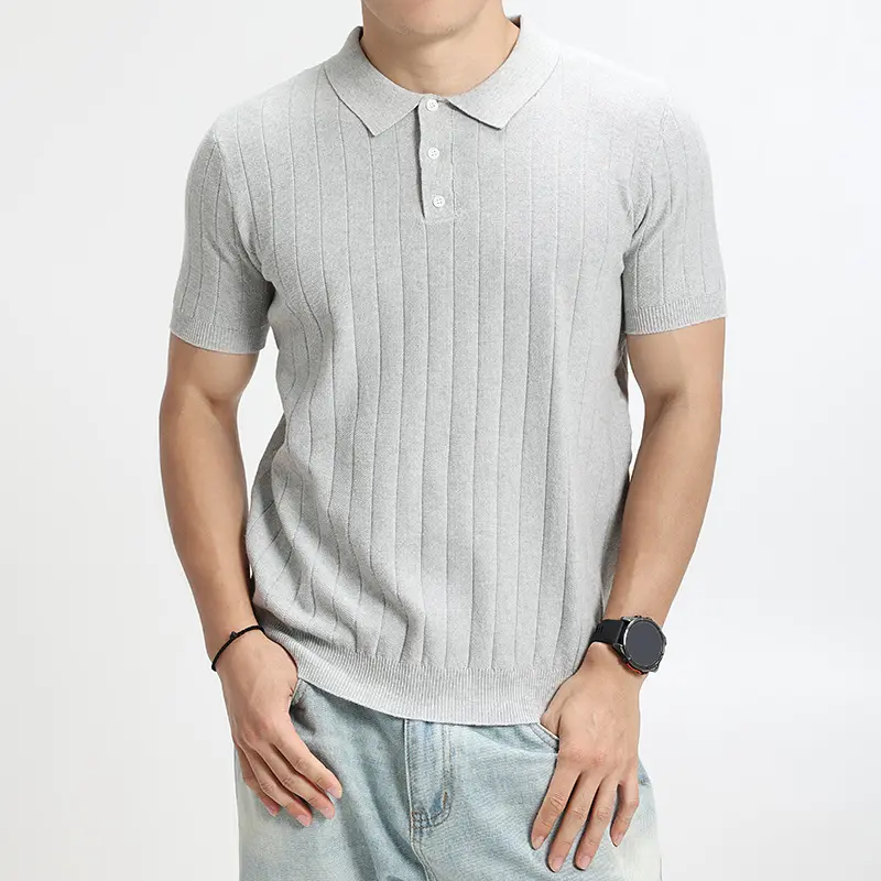 Mens Light-Luxury Rib-Knit Polo Shirt