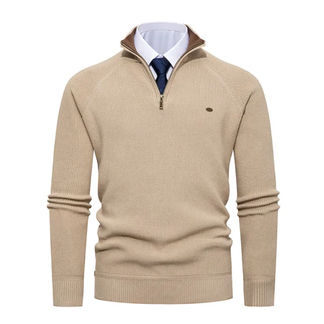 Men's Half Zip Stand Collar Solid Color Casual Knit Sweater Khaki - Shop at LoveMi