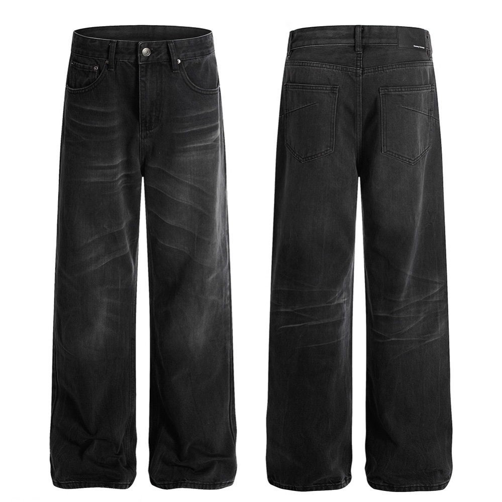 Retro Whisker-washed Distressed Straight-leg Denim Jeans - Image 3
