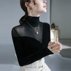 Black Long-sleeved Velvet Top Autumn And Winter New Inner Wear Bottoming Shirt Mesh Stitching Western Style - Black - View 1