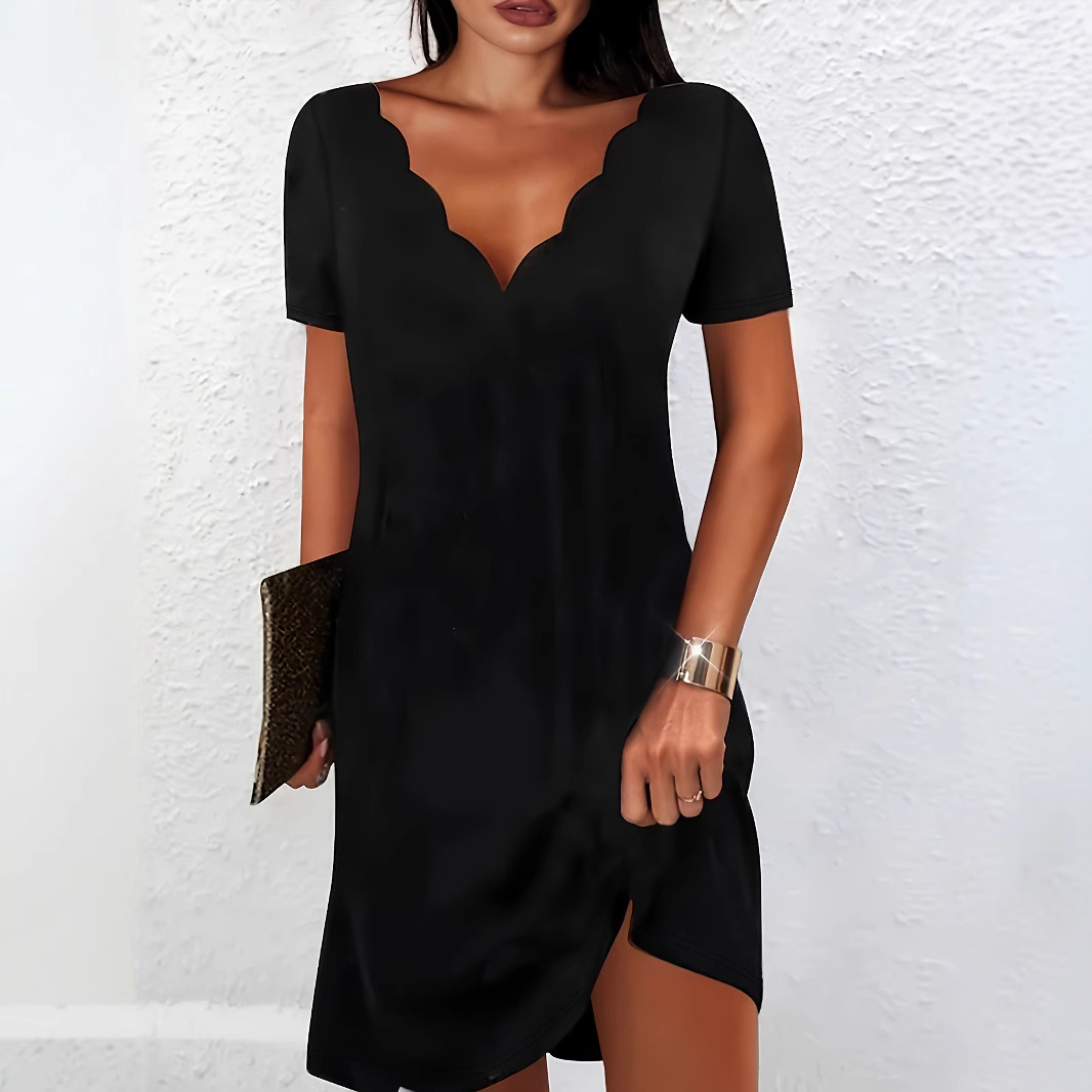 Women's Solid Color Wave V neck Short Sleeve Dress Black - Shop at LoveMi