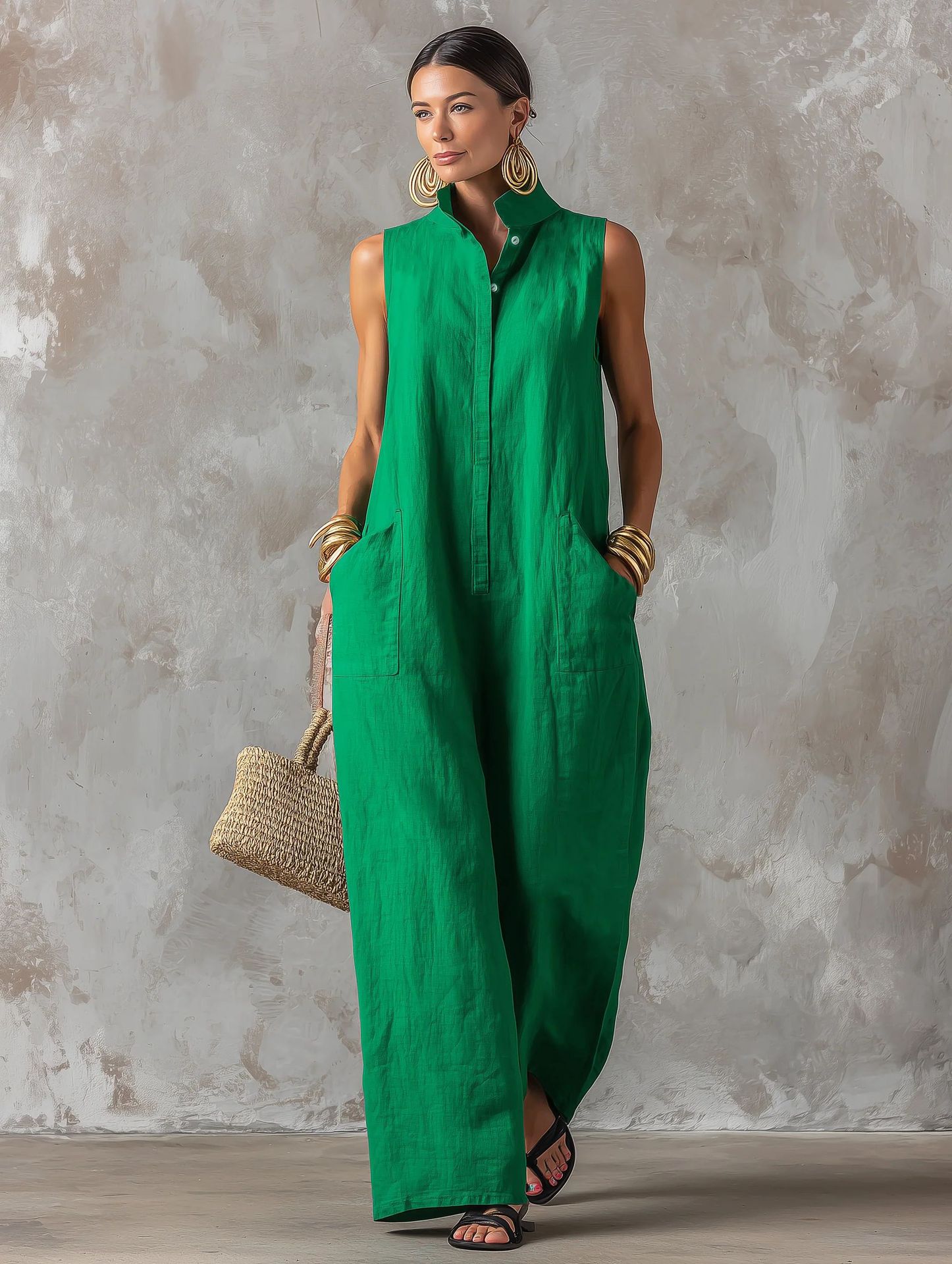 Linen blend sleeveless stand-collar jumpsuit – women's loose fit boho casual summer resort outfit