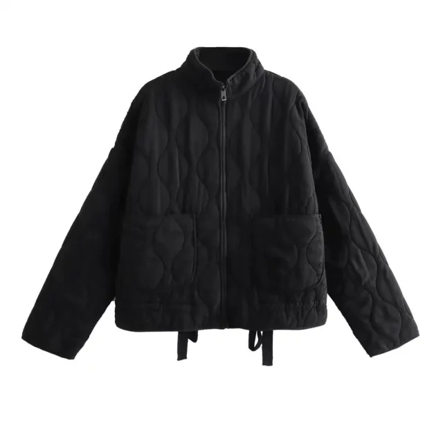 Stand Collar Casual Loose Diamond Plaid Cotton Coat Jacket Black - Shop at LoveMi