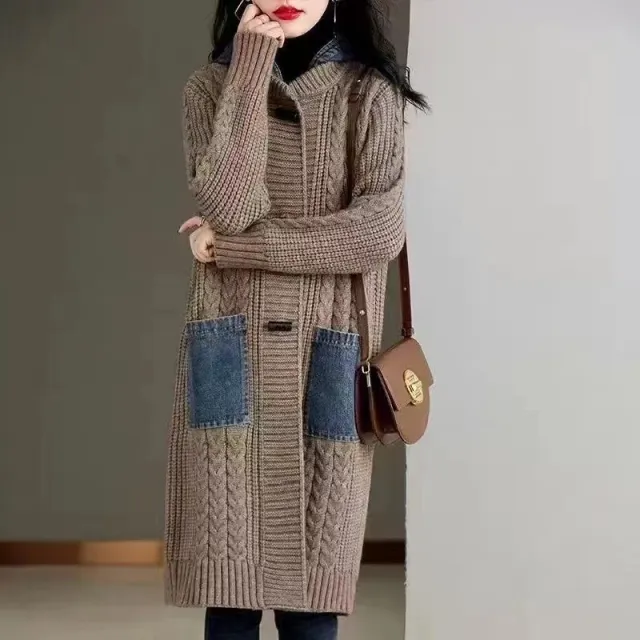 Spring And Autumn Cardigan Mid length Loose Western Style Outer Wear Hooded Knitted Top Light Brown - Shop at LoveMi