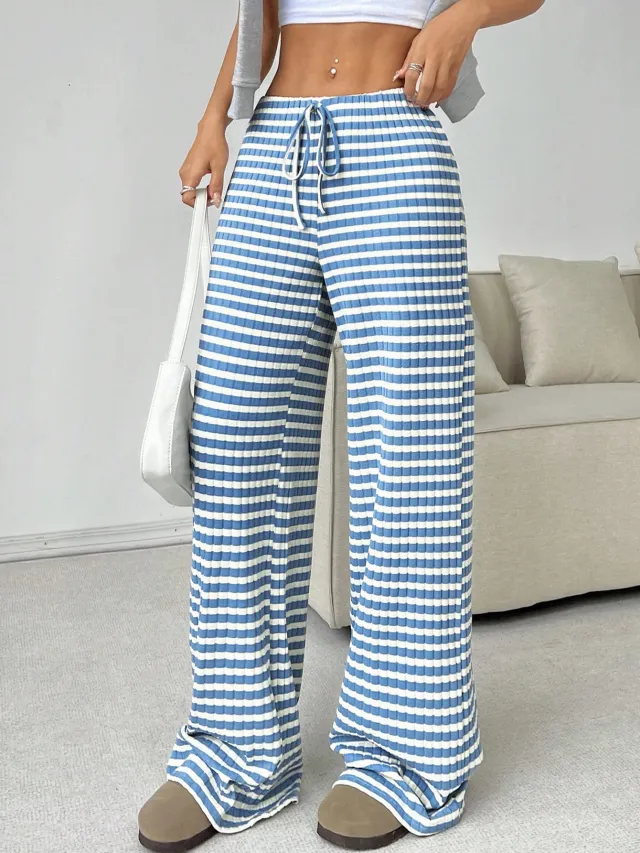 Women's Casual Striped Solid Color Drawstring Straight leg Pants Blue And White Stripes - Shop at LoveMi
