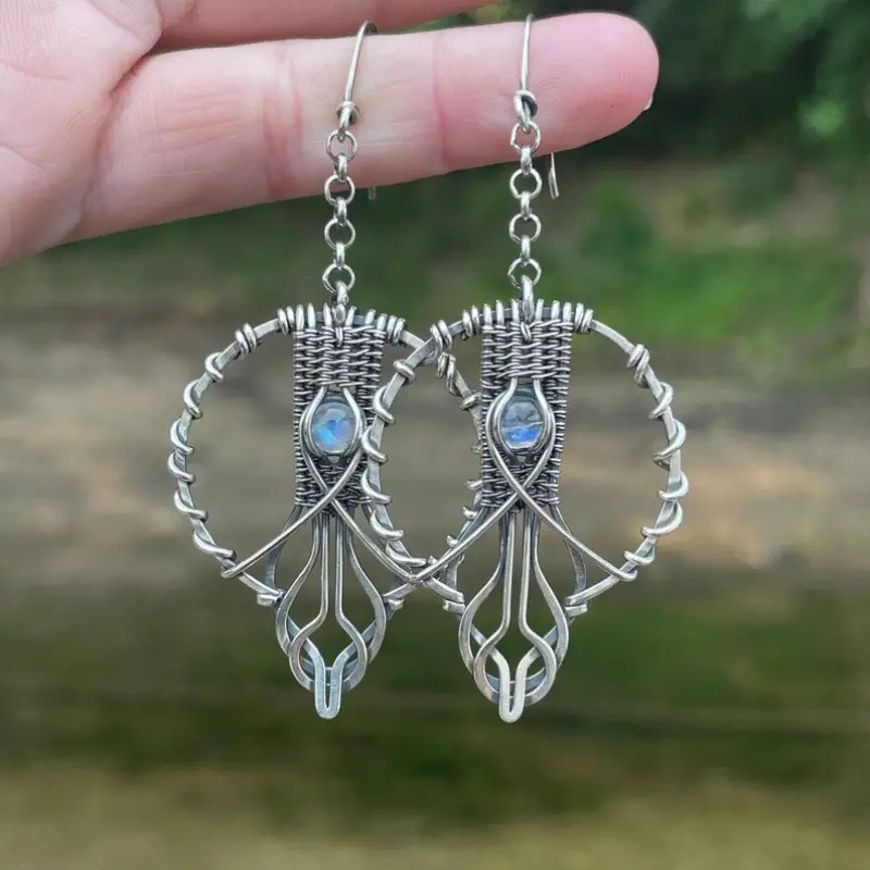 Bohemian Round Handmade Brushed Hollow Gemstone Inlaid Pendant Earrings