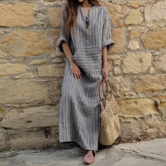 Cotton And Linen Yarn-dyed Stripes Loose Length Dress - Grey - View 1