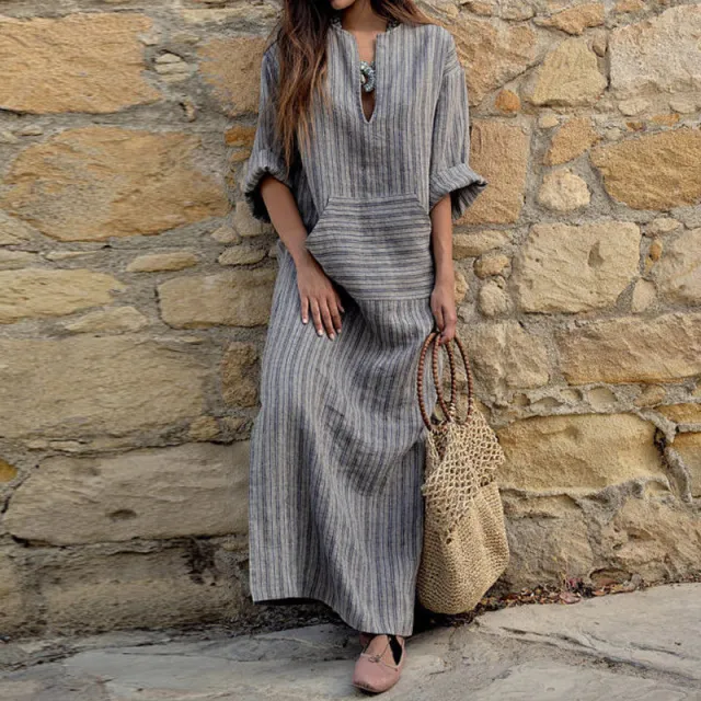Cotton And Linen Yarn dyed Stripes Loose Length Dress Gray - Shop at LoveMi